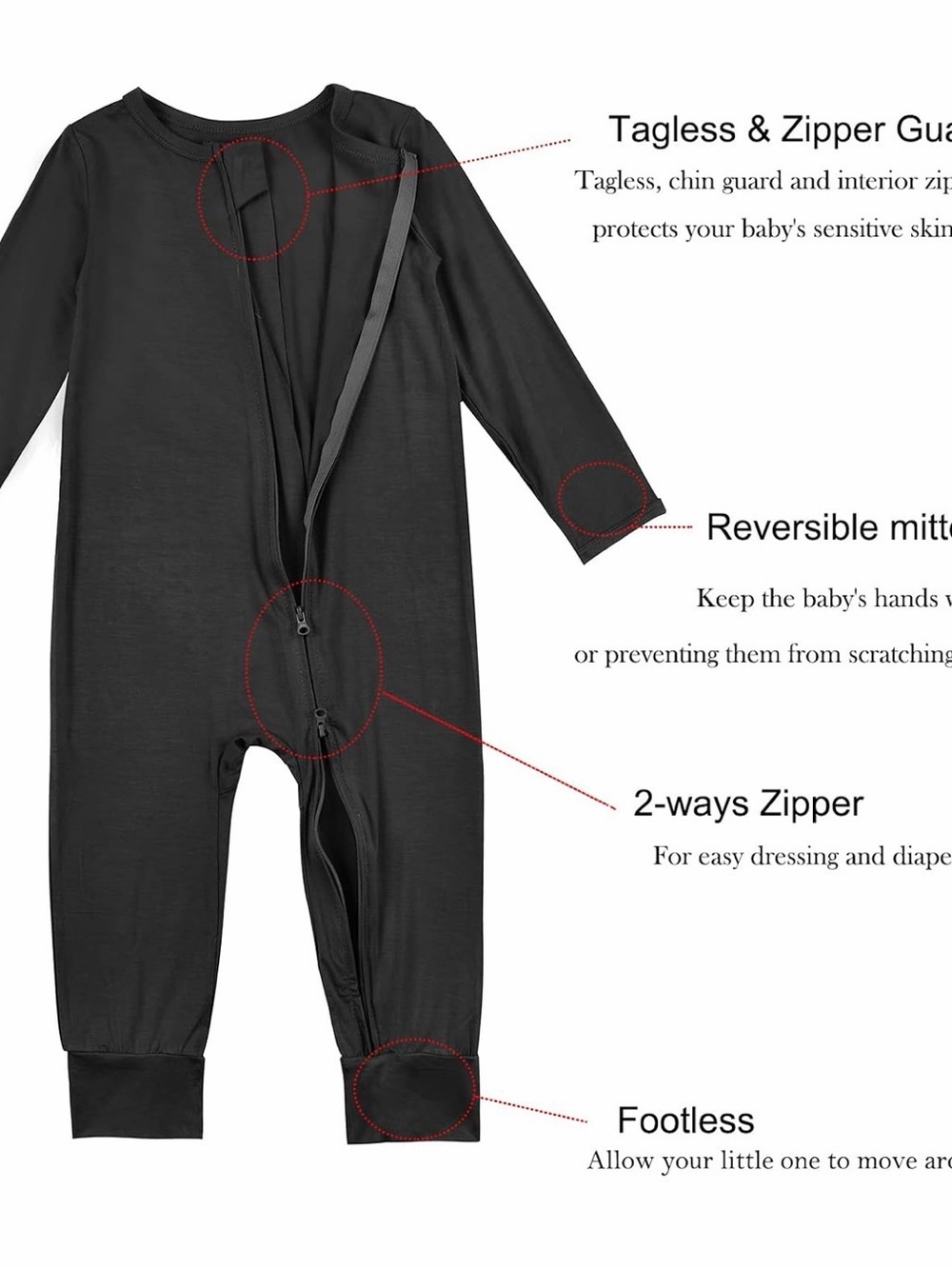 18-24M Bamboo Toddle Long-Sleeve Zipper Footie Pajamas - Charcoal - Picture 7 of 8